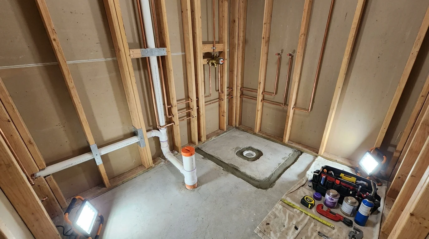 Bathroom rough-in plumbing during remodel by Johns Plumbing LLC in Soulsbyville