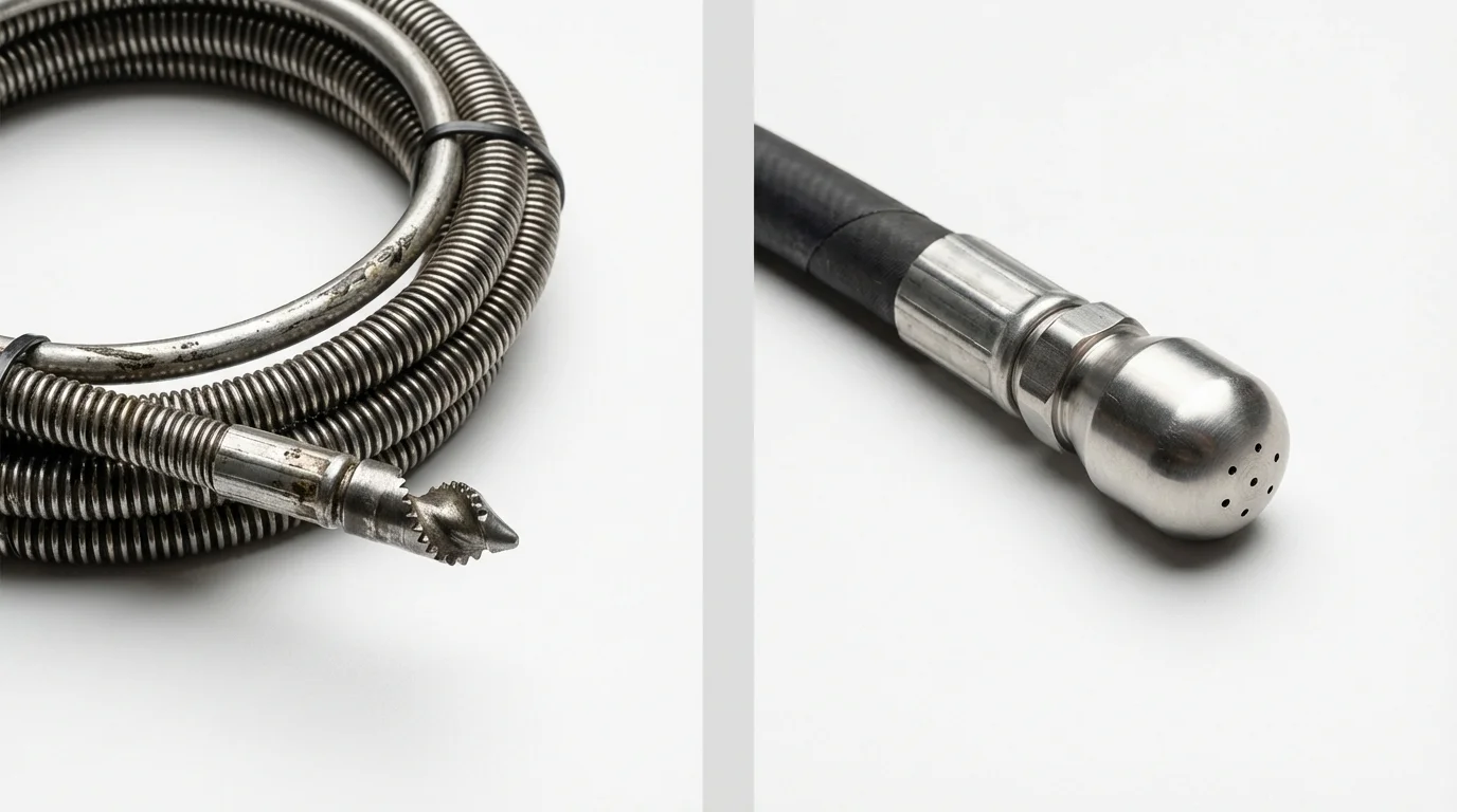 Drain snake cable and hydro jetting nozzle used for drain cleaning in Soulsbyville, CA
