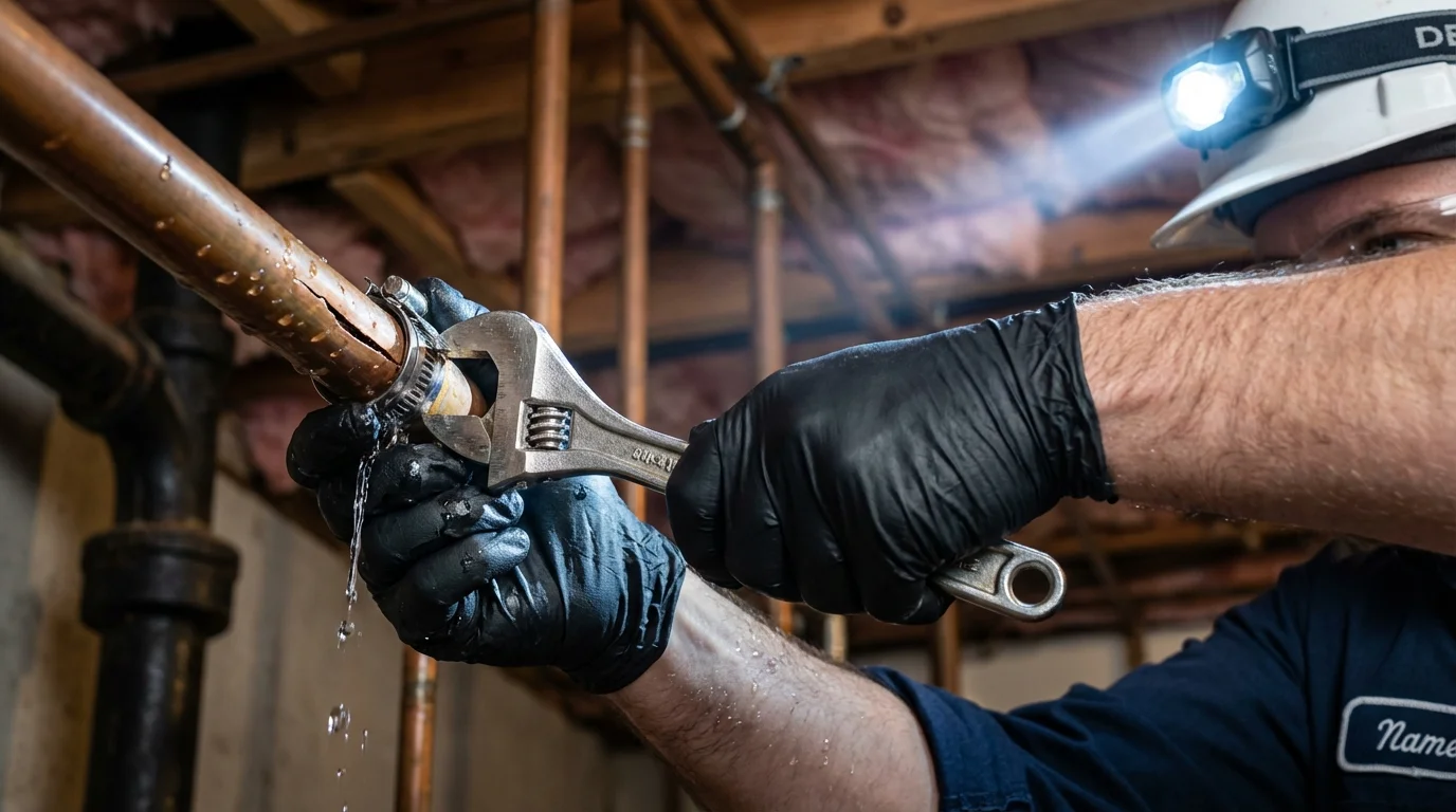 Emergency pipe clamp repair being performed by a Johns Plumbing LLC plumber in Soulsbyville