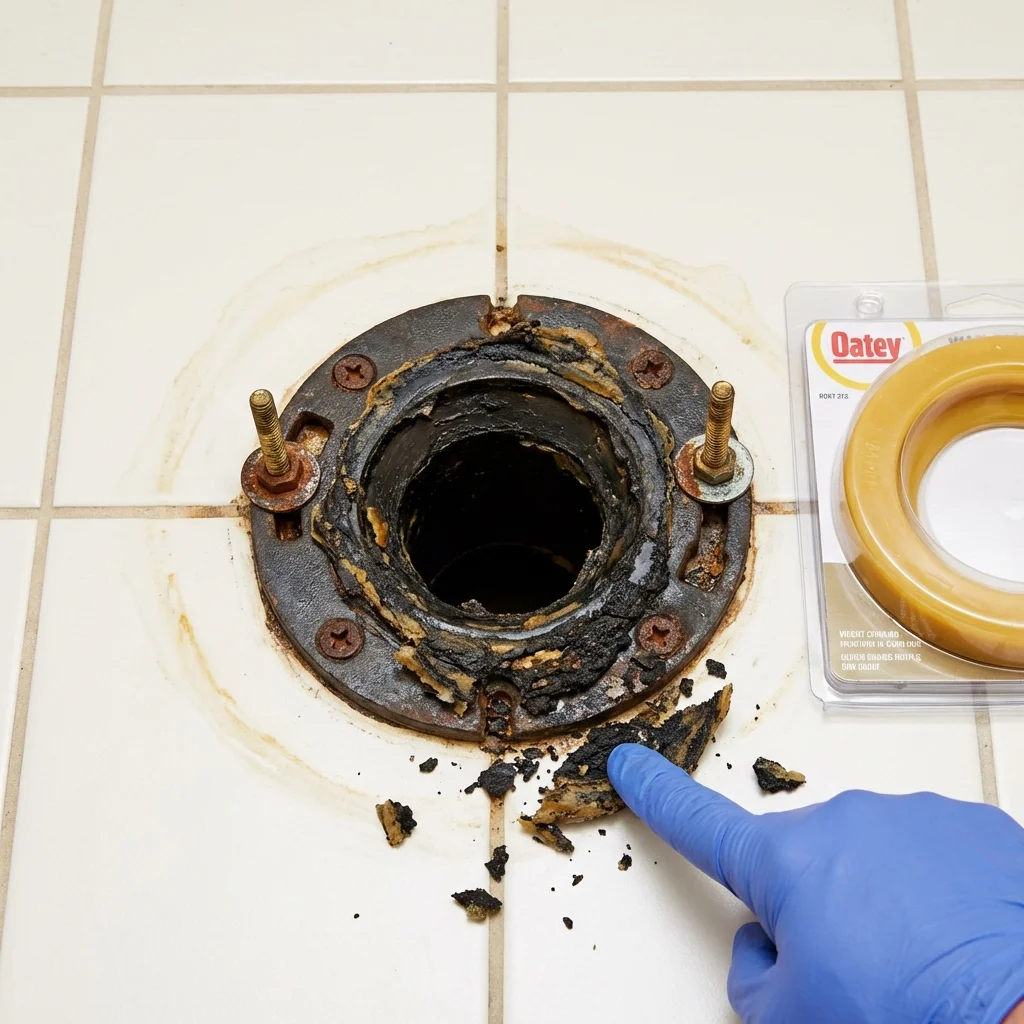 Failed wax ring showing water seepage at the base of a toilet in a Soulsbyville, CA home