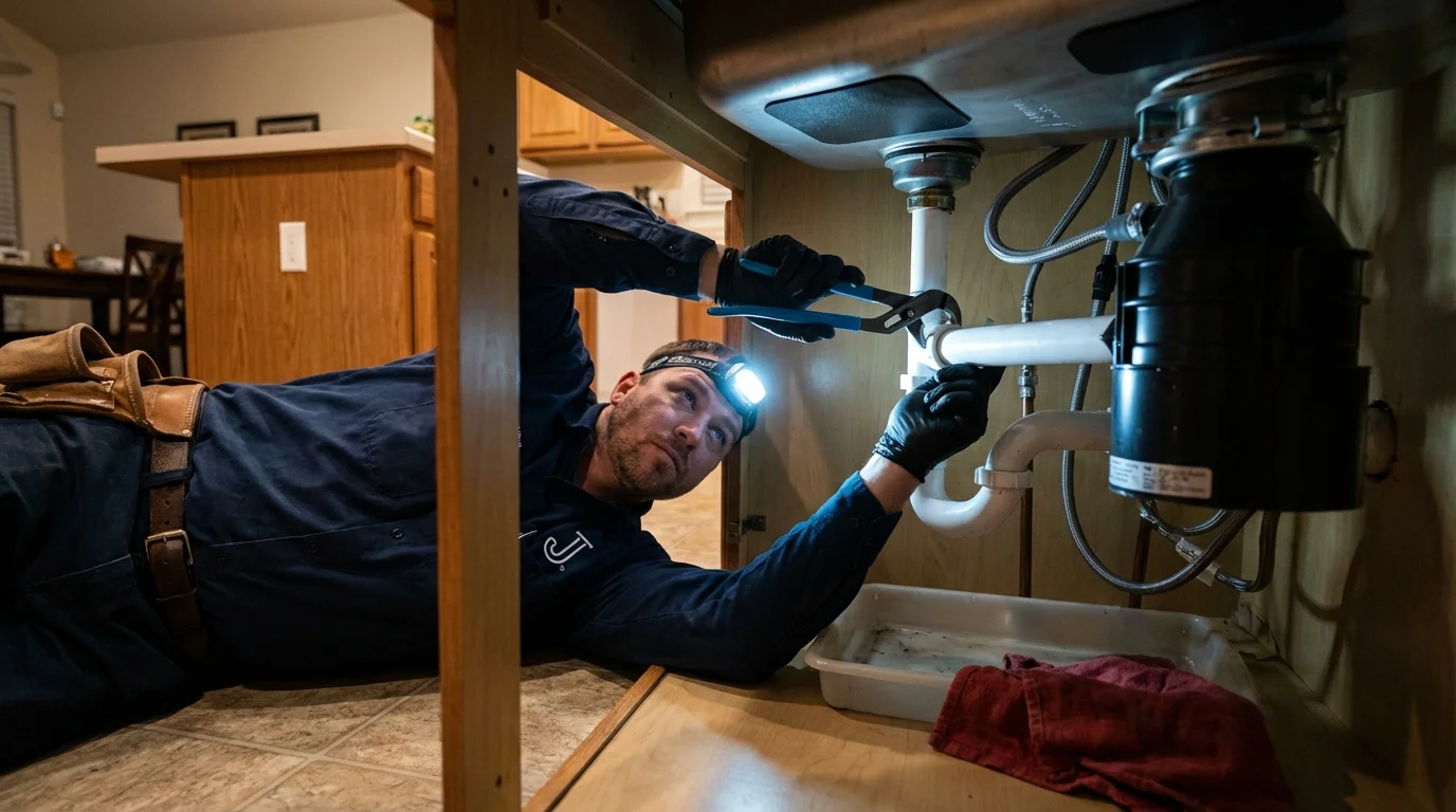 P-trap and supply line connections under a kitchen sink showing a common leak point in Soulsbyville, CA